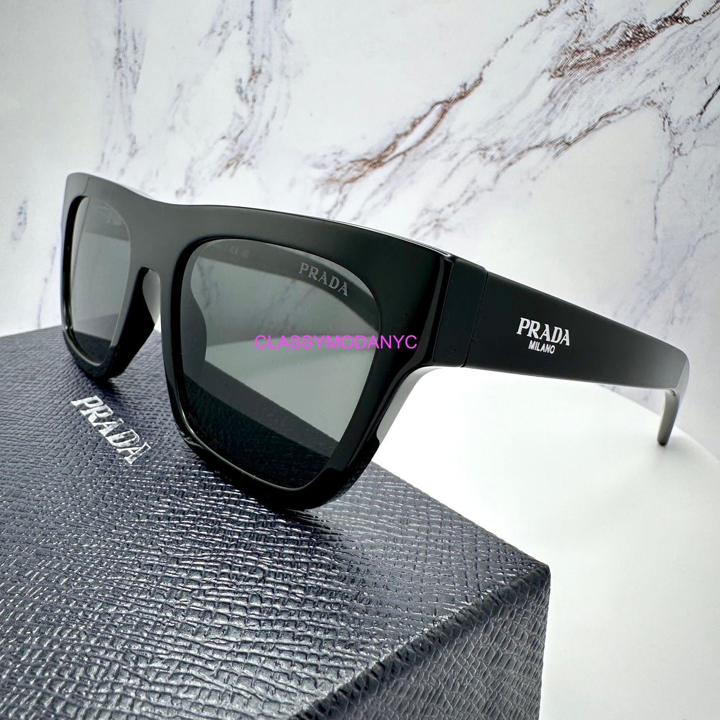 Prada PRC03S 16K08Z black square sunglasses on blue Prada box authentic. 