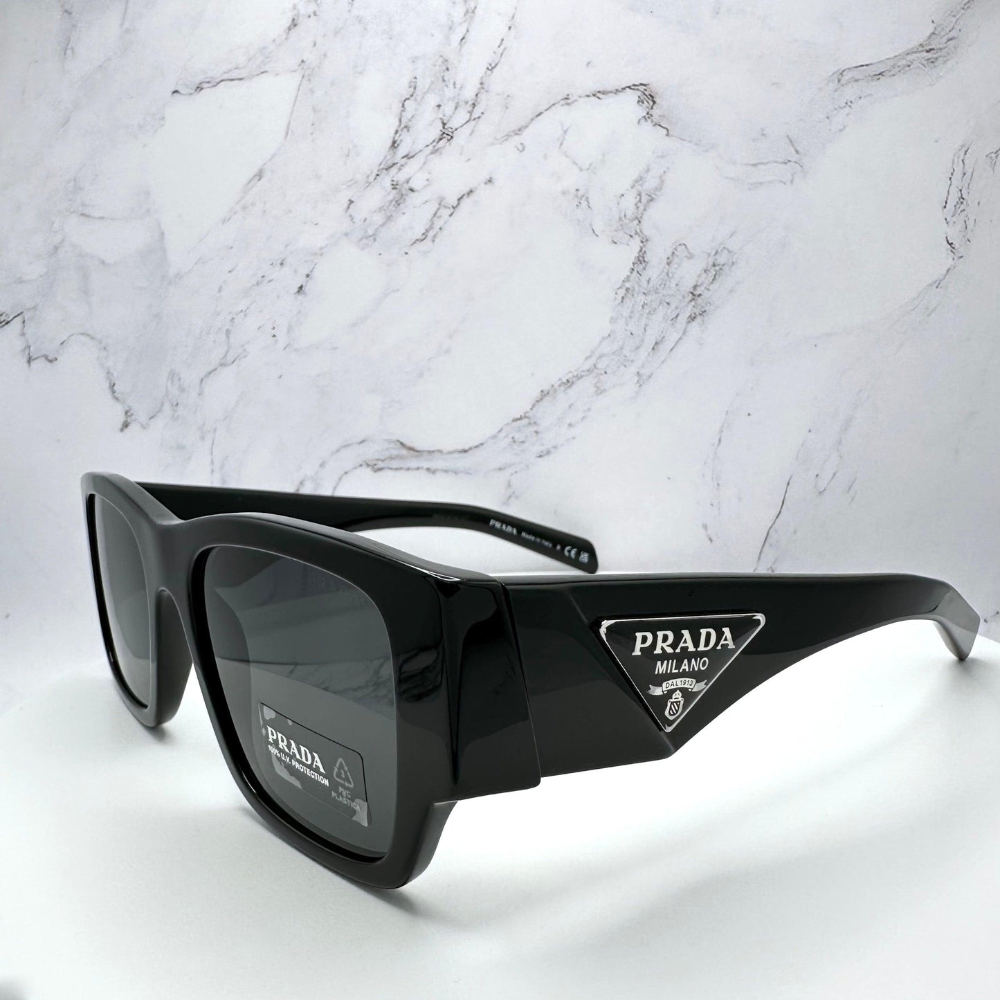 Prada PR10ZS 1AB5S0 black square sunglasses with grey lens side view