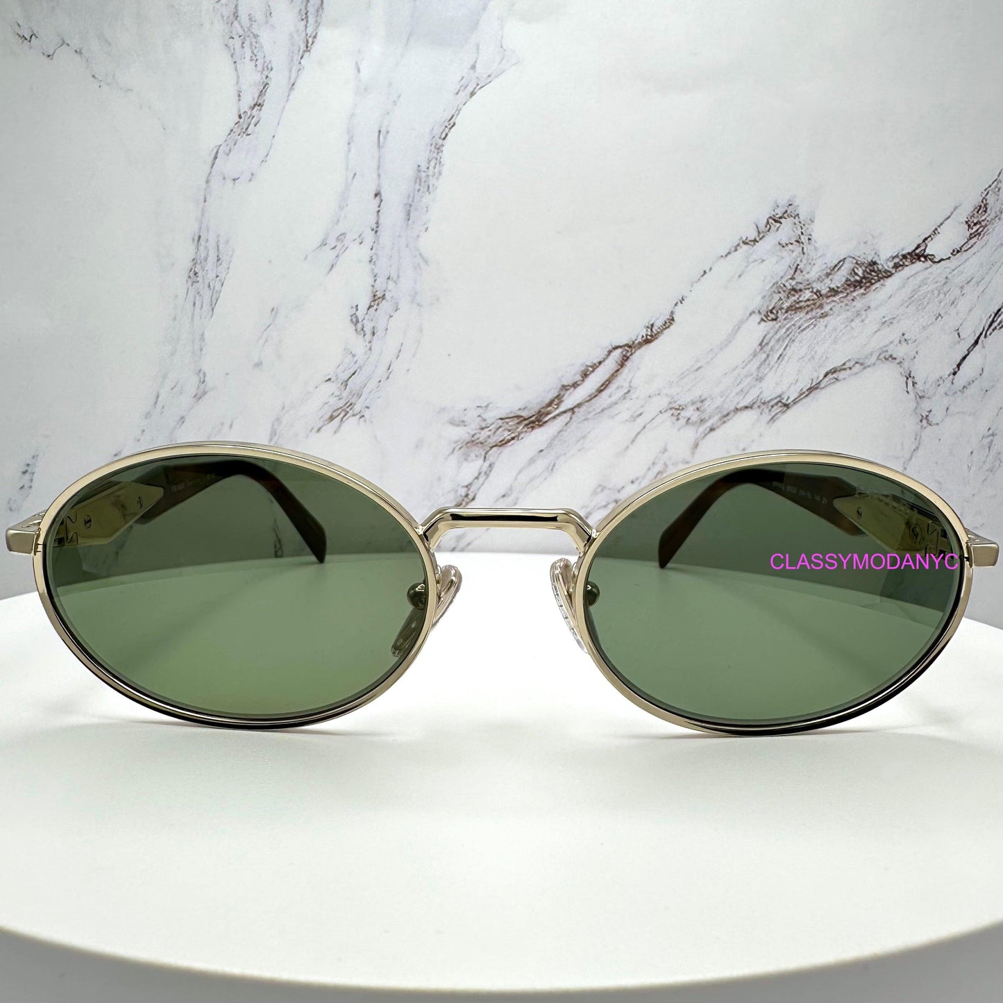 Prada 0PR65ZS ZVN70L oval metal unisex sunglasses with green lens contrasting brown tortoise front view