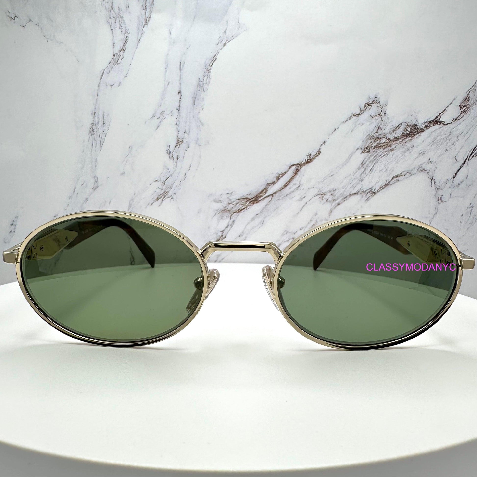 Prada 0PR65ZS ZVN70L oval metal unisex sunglasses with green lens contrasting brown tortoise front view