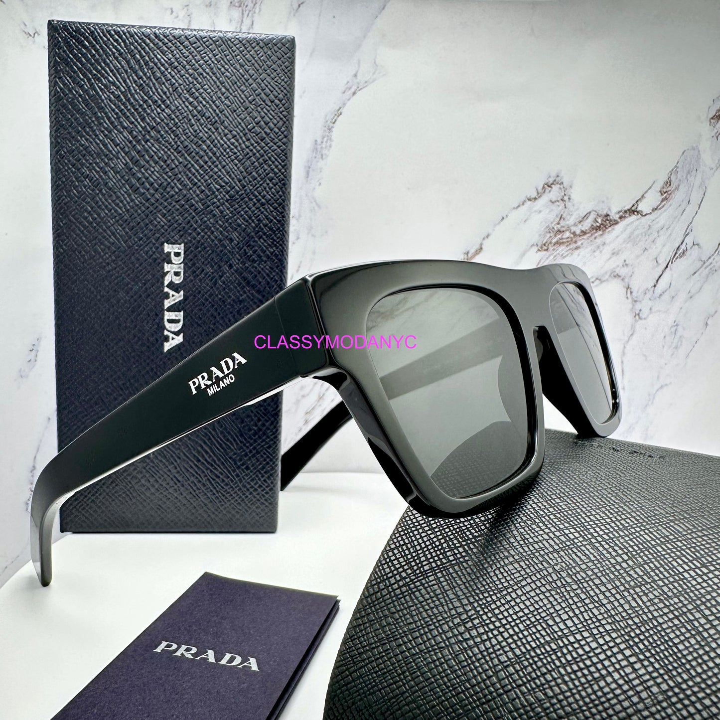 Prada Sunglasses PR C03S 16K08Z black square mens with logo 