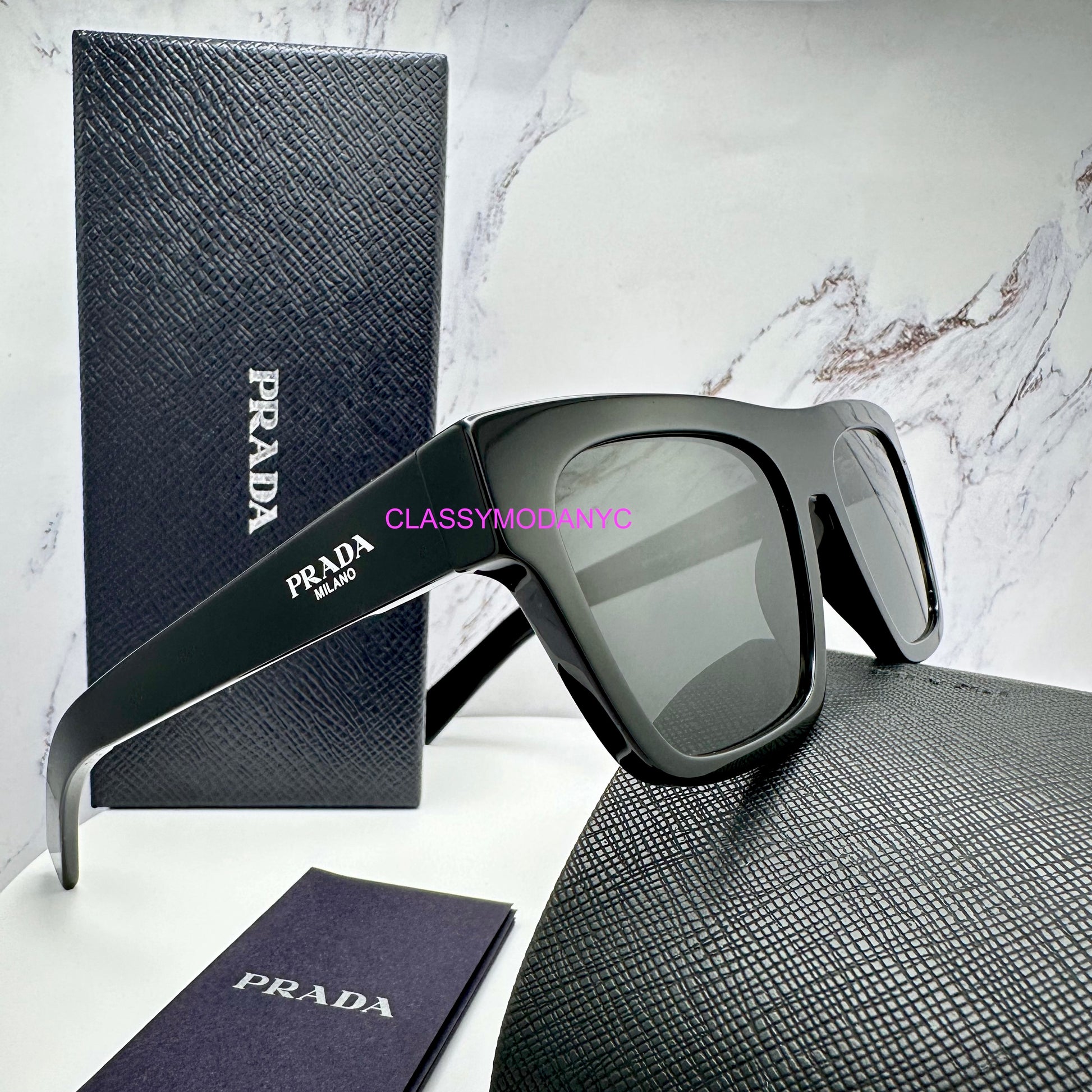 Prada Sunglasses PR C03S 16K08Z black square mens with logo 