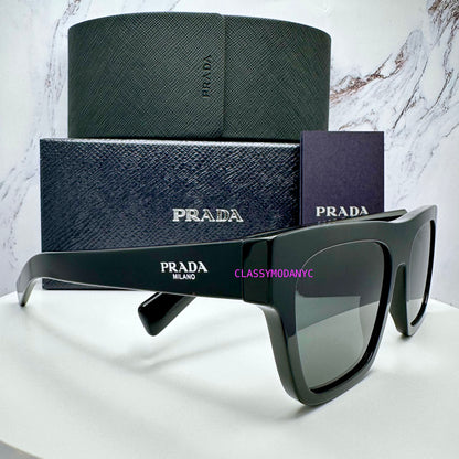Black Prada PRC03S 16K08Z sunglasses on a white surface with a marble background with box and case 