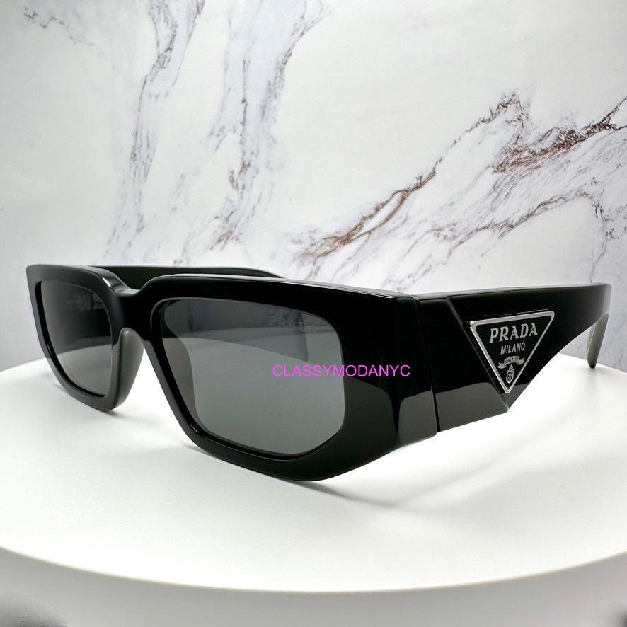 PRADA SPR09Z 1AB5S0 black rectangle glasses with grey lens triangle logo.