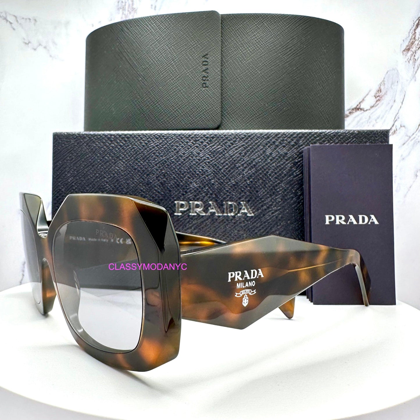 Prada PRB23S 20D50Q juniper tortoise grey lens symbole sunglasses side view with box and case.