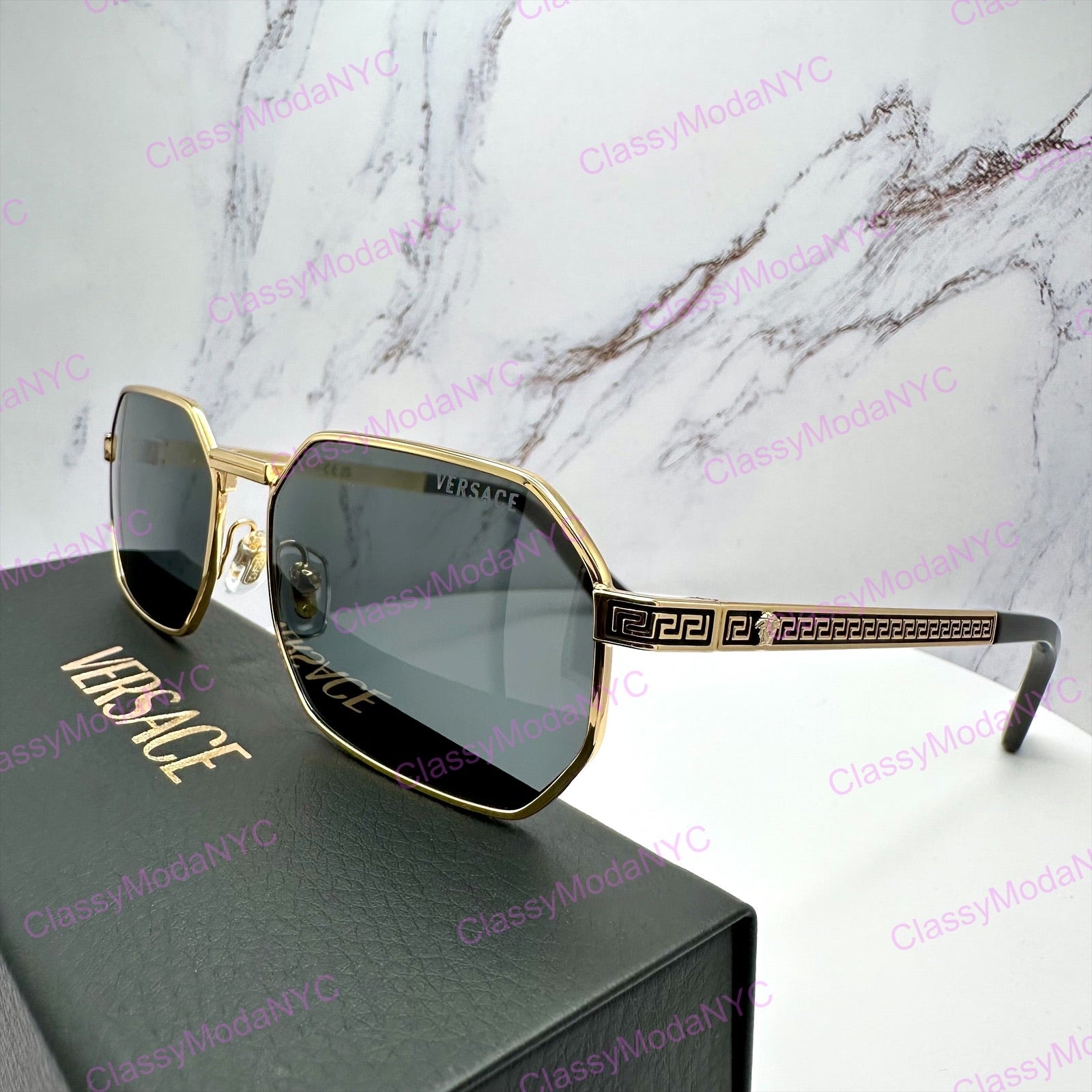 VE2297 100287 Versace gold metal sunglasses side view with case 