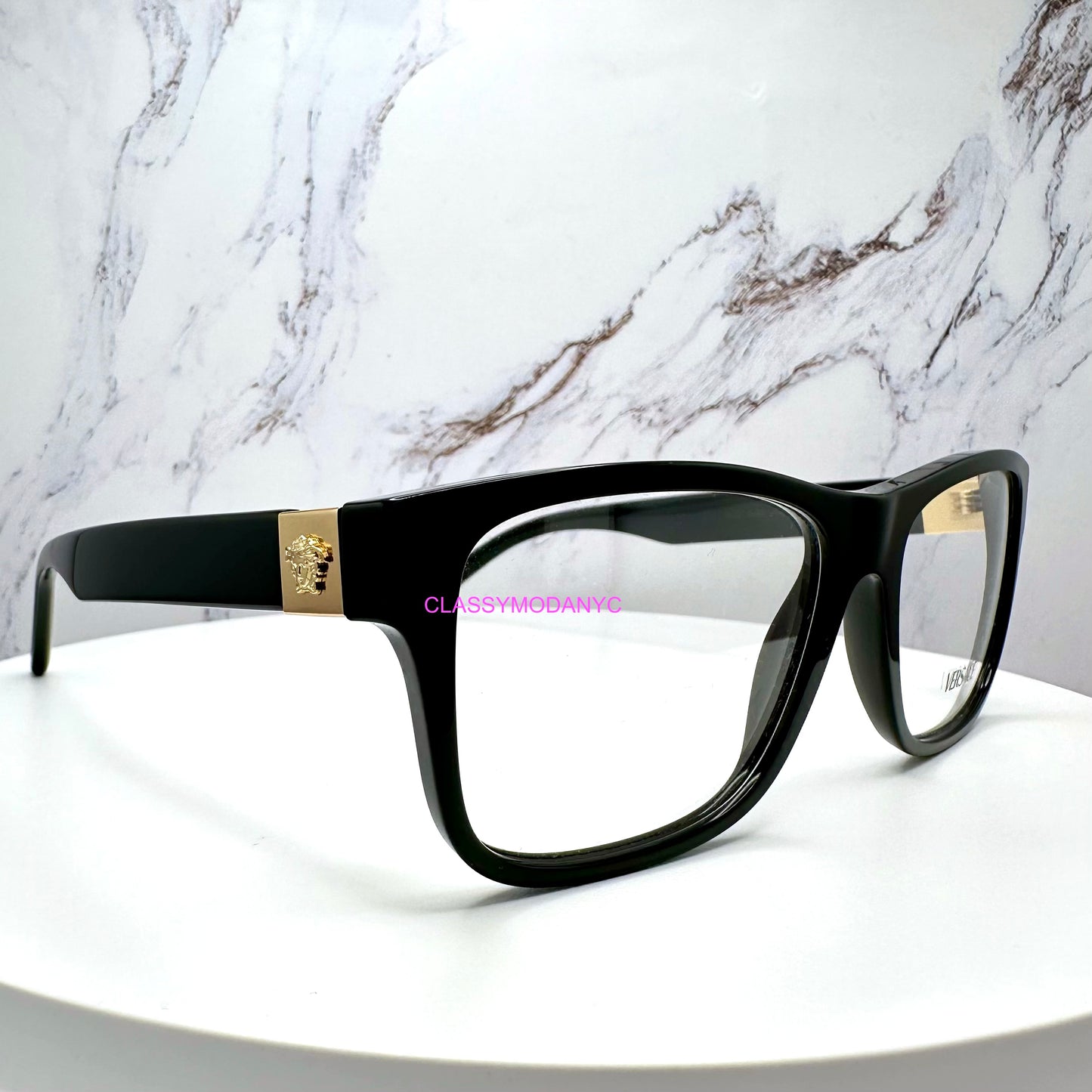 VE3380 GB1 Versace eyeglasses back view with gold medusa glasses side view 