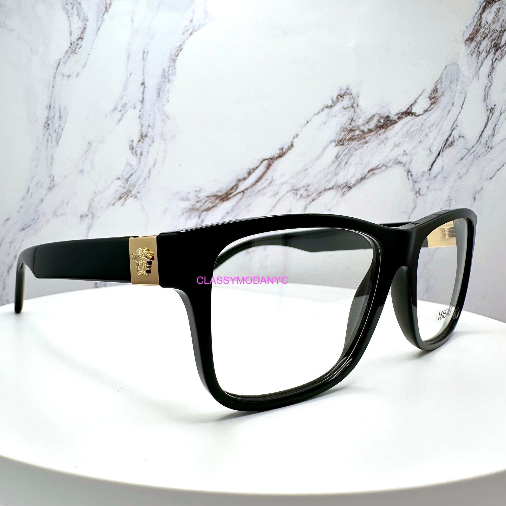 VE3380 GB1 Versace eyeglasses back view with gold medusa glasses side view 