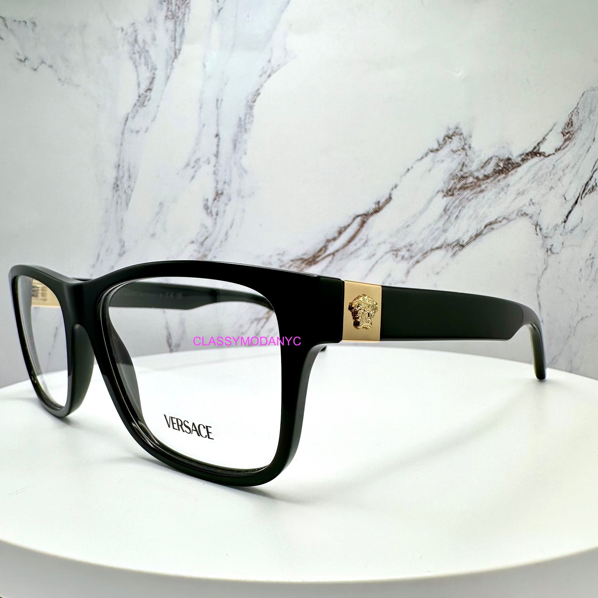  VE3380 GB1 Versace eyeglasses back view with gold medusa glasses side view for women 