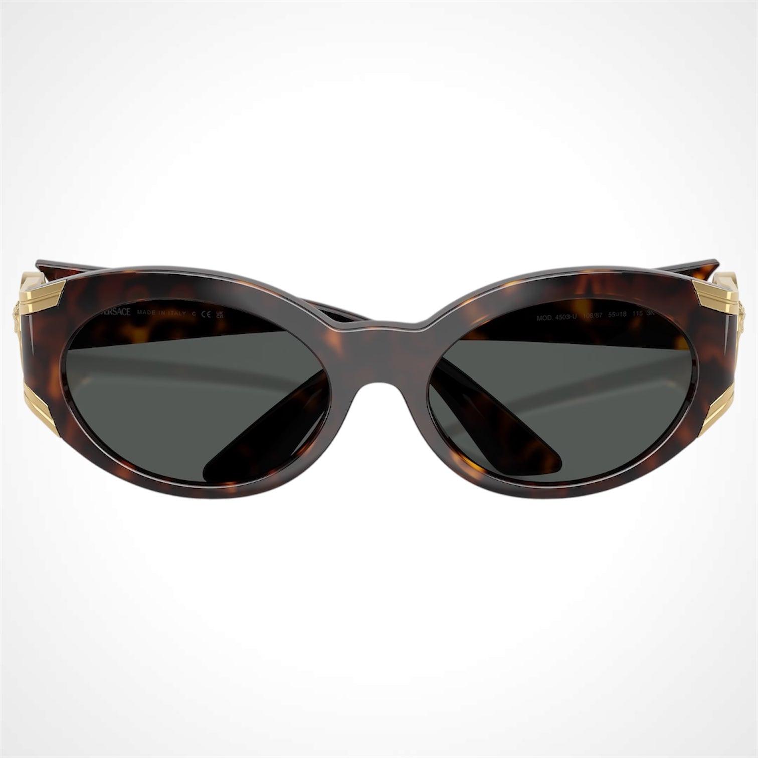 VERSACE 0VE4503U 108/87 gold Medusa medallion on brown tortoise oval sunglasses front view