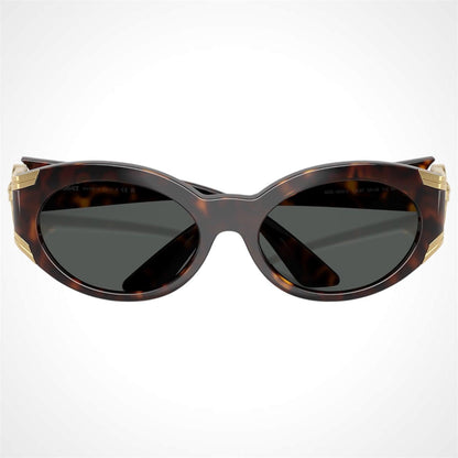 VERSACE 0VE4503U 108/87 gold Medusa medallion on brown tortoise oval sunglasses front view