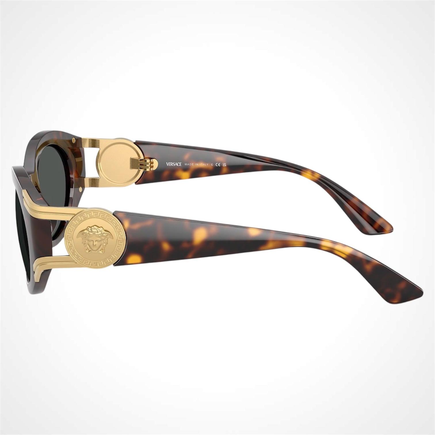 VERSACE 0VE4503U 108/87 gold Medusa medallion on brown tortoise oval sunglasses side view