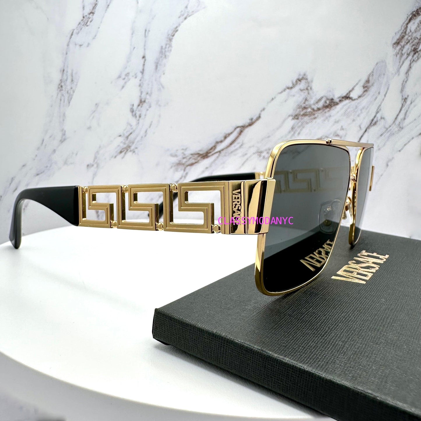 Versace Gold Metal Sunglasses Square Rectangular Frame Retro 
