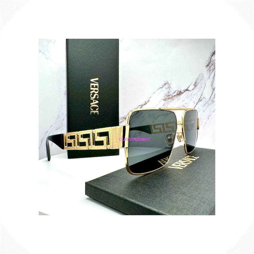 Versace VE2290 1002/87 gold metal rectangle square sunglasses with Versace logo for men and women