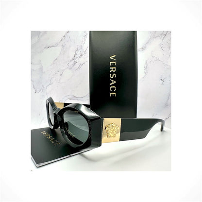 Versace VE4466U GB1/87 black geometric oval sunglasses with gold Medusa logo and acetate frame for men and women
