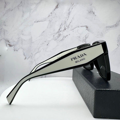 Prada 0PR24ZS 1AB5S0 black white square grey gradient sunglasses side view silver symbole logo