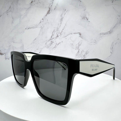 Prada 0PR24ZS 1AB5S0 black white square grey gradient sunglasses side view silver symbole logo