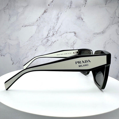 Prada 0PR24ZS 1AB5S0 black white square grey gradient sunglasses side view silver symbole logo