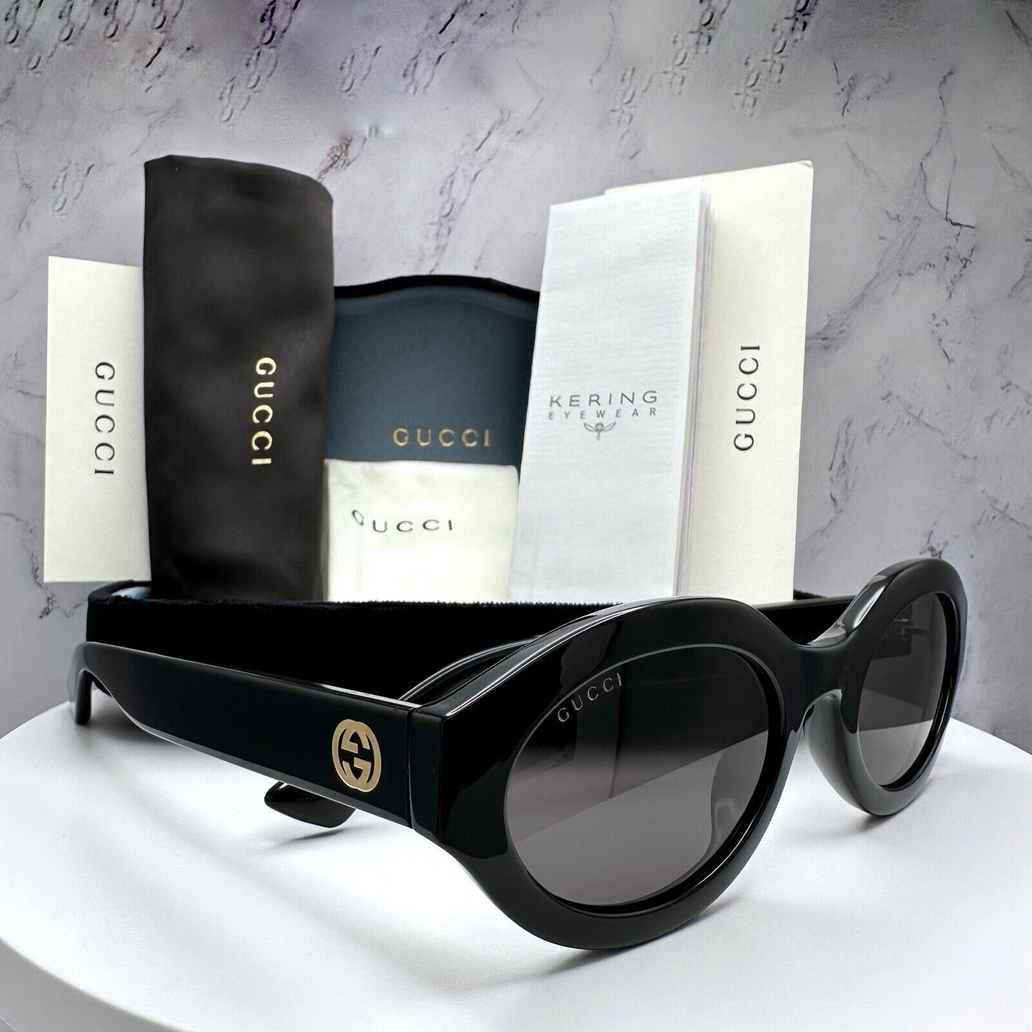 GUCCI Sunglasses Black Oval Gold Interlocking GG Logo GG1579S