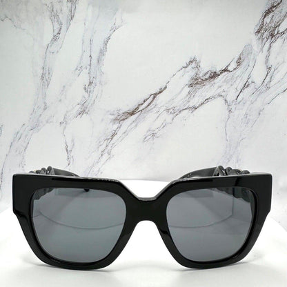 VERSACE 0VE4409 GB1/87 black square front frame women's sunglasses with grey lens.