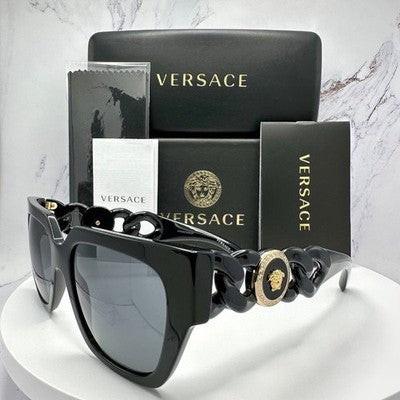 VERSACE 0VE4409 GB1/87 black sunglasses with grey lens and gold medusa with authentic box and case.